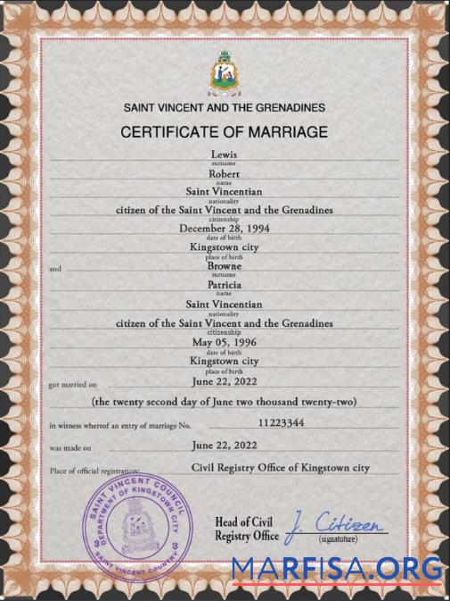 Downloadable Saint Vincent and the Grenadines marriage certificate sample